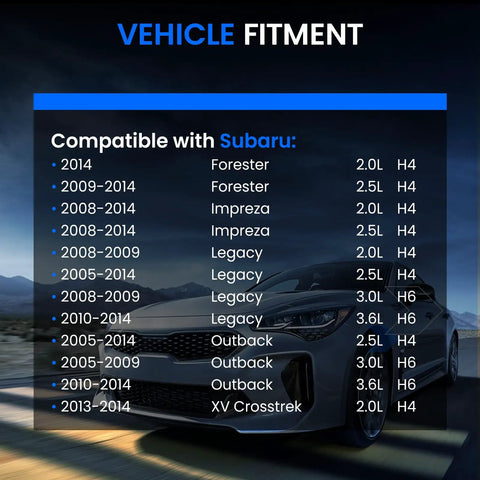 Vehicle fitment chart for Subaru Forester, Impreza, Legacy, Outback, XV Crosstrek models listed by year and engine size.