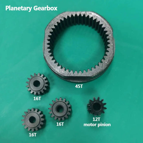 RC crawler planetary gearbox components, including 45T ring gear, 16T gears, and 12T motor pinion for 1/10 scale chassis upgrade.