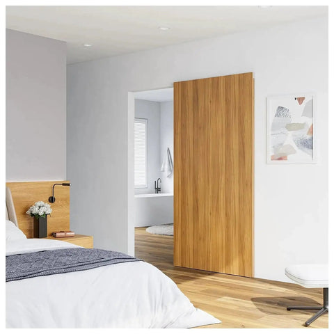 Installed Concealed Sliding Barn Door Hardware Kit With Soft Close For 42 Inch Track, door not included, showing invisible rail system.