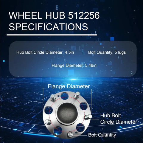 Rear Wheel Bearing Hub Assembly For Honda Civic 2006-2011 And Acura CSX 2006-2011 Beefed Up Rear Left Or Right 5 Lug Bolt On Replacement 512256 diagram with specifications.
