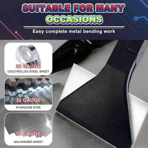 Close-up of 3 Piece Hand Seamers Set with straight jaw bending metal sheets, suitable for various sheet gauges and metal types.