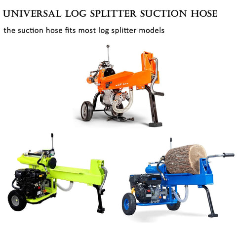 Hxszk 39 inch universal log splitter suction hose with clamp, shown on orange, lime green and blue log splitters.