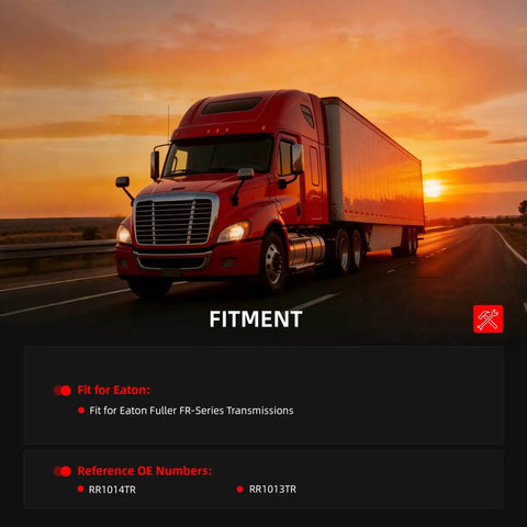 Red truck at sunset, highlights fitment for Eaton Fuller FR-Series transmissions with reference numbers RR1014TR and RR1013TR.