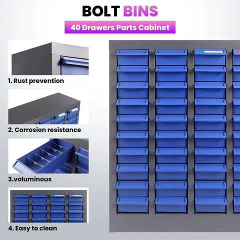 40 Drawer Parts Cabinet With ABS Drawers And Dividers, Pro Grade Heavy Duty Steel Bolt Organizer, blue drawers, flexible label system