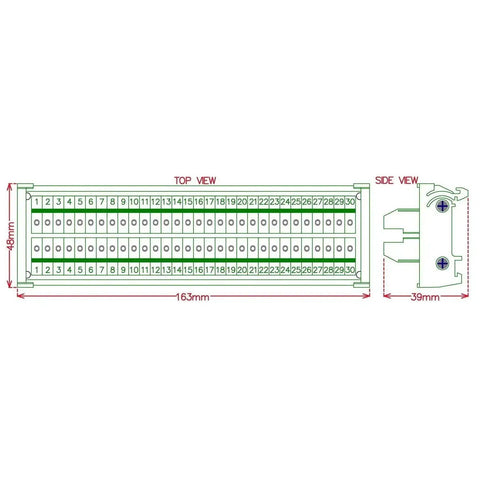 Technical diagram of DIN Rail Mount 30-Position Screw Terminal Block Distribution Module with 24A Per Position, 400V Rating, 5.0mm Pitch.