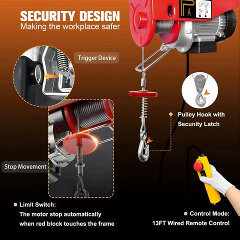 Diagram of Electric Hoist 440 Lb Winch With 13 Ft Remote showing security features and components.