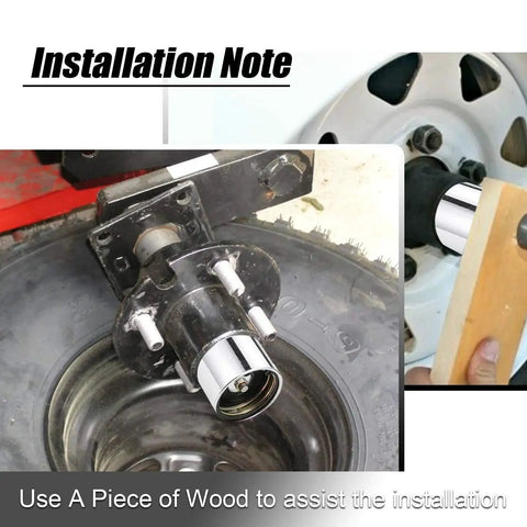 Installation view of 1.98 Inch Bearing Protectors With Chromed Protective Bras For Trailer Wheels, Universal Fit 2 Pack