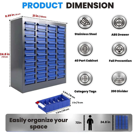 40 Drawer Nut And Bolt Organizer Cabinet With ABS Drawers And Acrylic Shelves Dimensions and Features