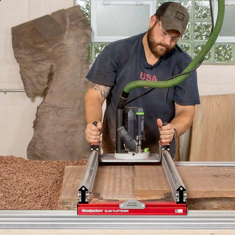 Man using Basic Slab Flattening Mill For Wood Slabs 38.75 By 56.5 Inches USA Made Leveling Jig with Router Sled in workshop