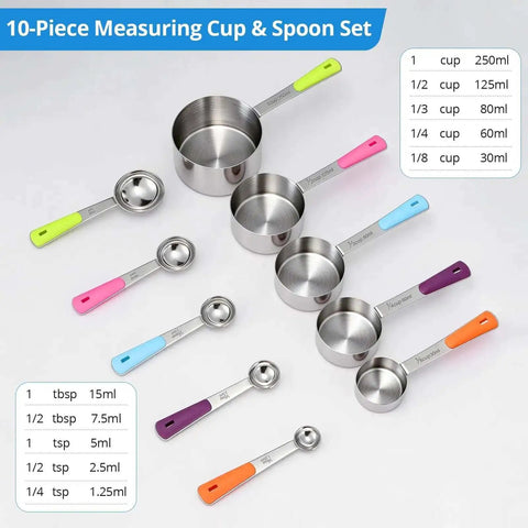 Stainless Steel Measuring Cups And Spoons Set 10 Piece For Cooking And Baking Includes 5 Cups And 5 Spoons With Colorful Handles