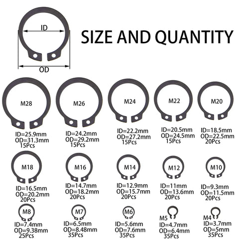 340Pcs Snap Ring Kit External Circlip Retaining Clip Rings Set Alloy Steel 65Mn 15 Sizes From 4mm To 28mm Rust Resistant Diagram