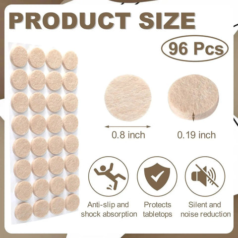 Self-Adhesive 0.8 Inch Felt Chair Leg Pads 96 Pcs Beige For Floor Protection shown on sheet with size detail