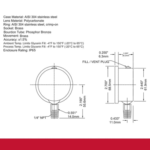 Diagram of an Industrial Grade Two And One Half Inch Dial Liquid Filled Pressure Gauge For Pumps And Compressors, Brass Internals, 304 Stainless Steel Case