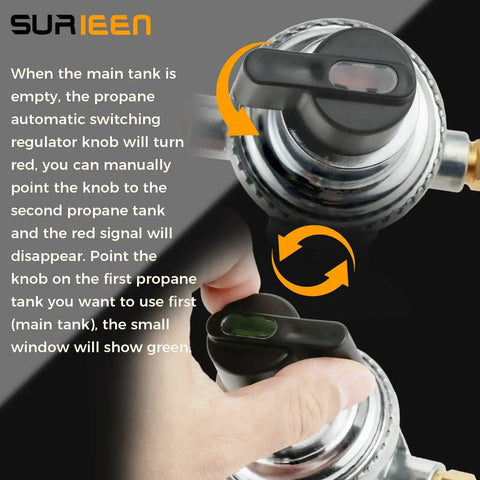 Close-up of Two Stage Auto Changeover Propane Regulator for RVs showing manual selection knob with red signal indicator.