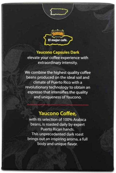 Back view of coffee capsule box with Yaucono Capsule description, 100% Puerto Rican beans, and quality assurance text.