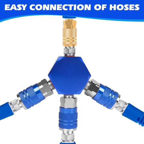 Milosline Connect air splitter, 1/4 in NPT blue hex-style manifold with metal quick-connect fittings