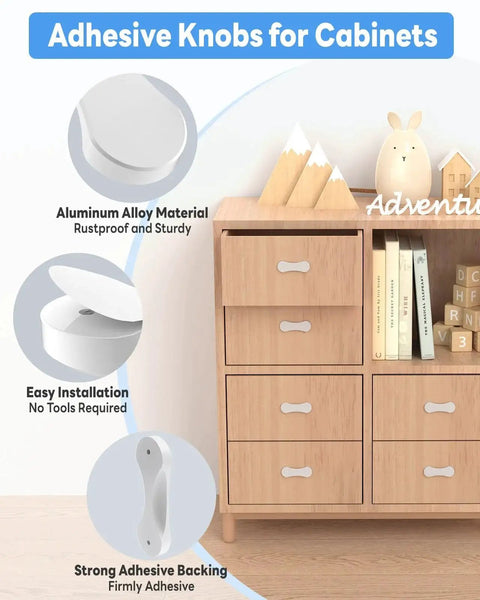 2 Pack Adhesive Cabinet Handles 3 Inch Self Stick Knobs installed on wooden drawers, showing aluminum alloy material and easy installation.