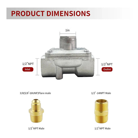 1/2 Inch Gas Pressure Regulator For Natural Gas And LPG Interchange With 2 Brass 1/2 Inch NPT Adapters, product dimensions