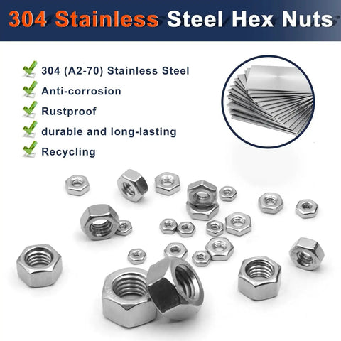 304 stainless steel hex nuts from 2 In 1 SAE And Metric Hex Nut Set In Stainless Steel 510 Piece Nut Kit with anti-corrosion features.