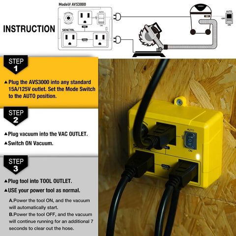 Automatic Vacuum Switch For Power Tools With Two Tool Outlets And Manual Override For Pros And DIYers Auto Start And Stop Your Dust Collector For Woodworking Table Saws And Shop Vacuums Includes Delay Shut Off And Safety Overload Circuit Breaker installed on wall