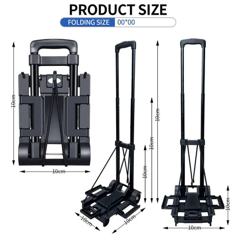 Folding Hand Truck Dolly For Light Duty Luggage And Moving On The Grab And Go, black cart with expandable chassis, two wheels, and ropes.
