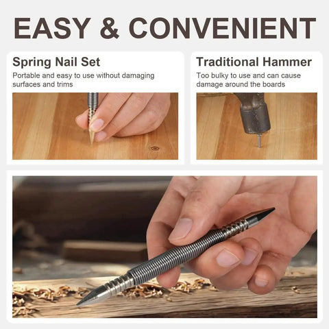 Hand holding a Dual Head Nail Setter with 1/32 and 1/16 inch sizes, spring-loaded for precise nail setting, demonstrating ease of use.