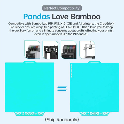 CryoGrip Pro Glacier Panda Double Sided Build Plate for Bambu Lab P2S P1S P1P X1C X1E A1 3D Printers, 257x257mm, compatibility depiction