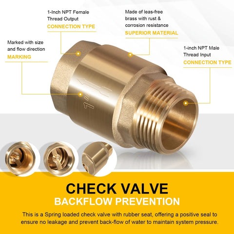 Brass check valve, 1-inch NPT inlet and 1-inch FNPT outlet, heavy-duty backflow preventer for irrigation side view