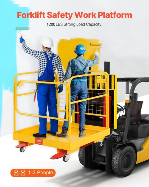 Forklift Safety Cage Work Platform 1200 Lb Load Capacity Collapsible With Wheels attached to forklift with workers painting
