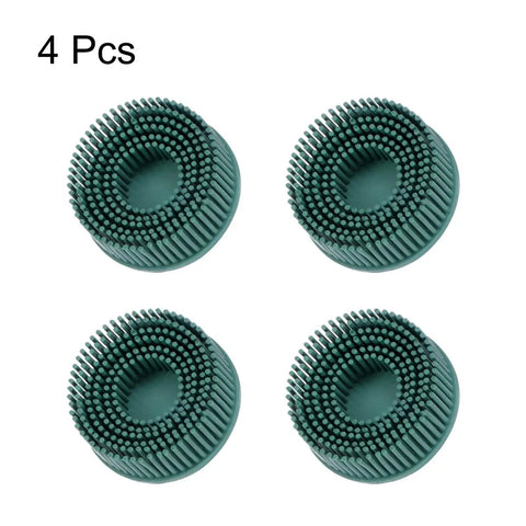 4 Pack 2 Inch 50 Grit Bristle Disc Brushes For Deburring And Coating Removal On Metal With Quick Change Roll Lock System Green Harfington Pro Grade Heavy Duty Rubber And Diamond Construction, front view of four green bristle discs