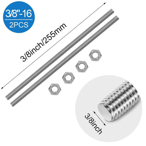 Two Pack Three Eighth Inch 16 Thread Stainless Steel Threaded Rods Ten Inch with nuts, close-up view