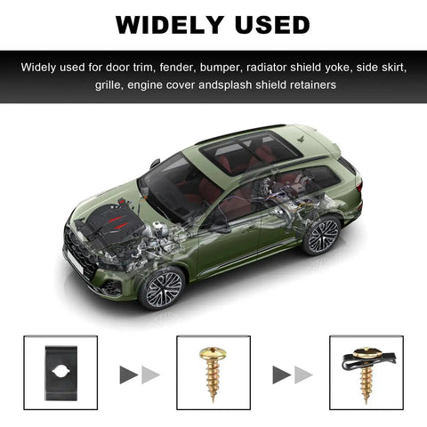 Diagram of car highlighting parts secured by 170 Piece Car U Clip And Screw Set, 9 Size Automotive U Nuts With Screws, Zinc Plated Rust Resistant