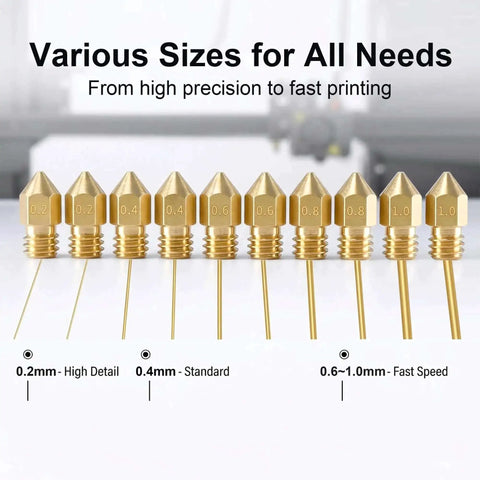 All In One 3D Printer Nozzle Kit With 16 MK8 Brass Nozzles 0.2mm 0.4mm 0.6mm 0.8mm And 1.0mm Plus Wrench Tweezers Cleaning Needles And Storage Case For Ender 3 Pro And CR 10 Series - various nozzle sizes displayed