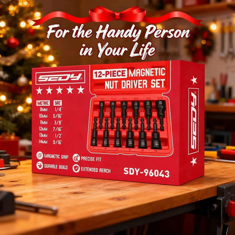 12 Piece Magnetic Nut Driver Set For Impact Tools With Premium Chrome Vanadium Steel And Black Phosphate Finish SAE And Metric Sizes Quarter Inch Quick Change Strong Magnetic Hold For Fast And Secure Fastening in red packaging on a wooden table.