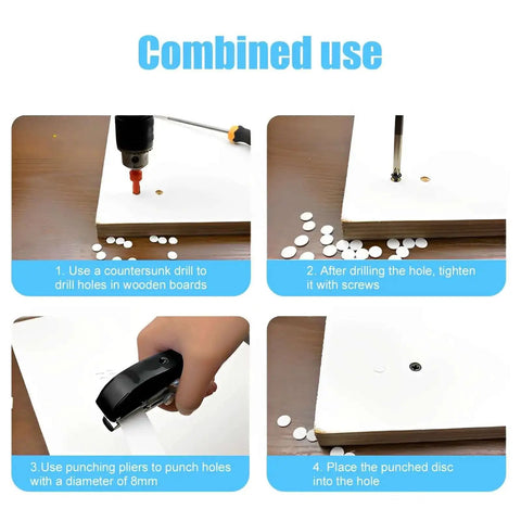 Steps showing 8mm Heavy Duty Hole Punch Tool for paper and card projects with countersunk drill and edge banding capabilities