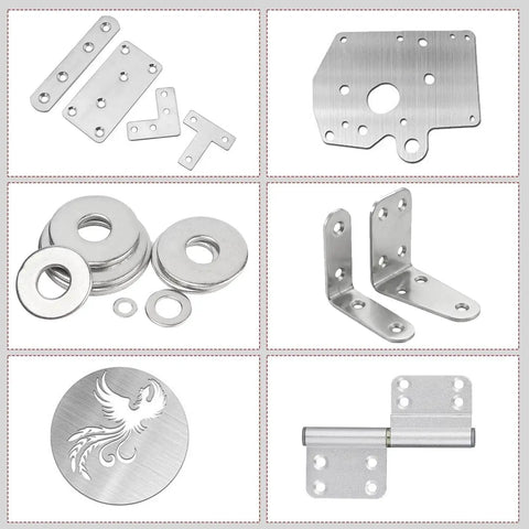 Various metal hardware pieces including brackets, washers, hinges, and decorative plates showcasing Premium 304 Stainless Steel Foil Roll 0.1mm Thick by 300mm Wide by 1M Long for DIY Crafts Electronics and Industrial Machinery Hardware Projects Durable Metal Sheet for Coatings and Shielding applications.