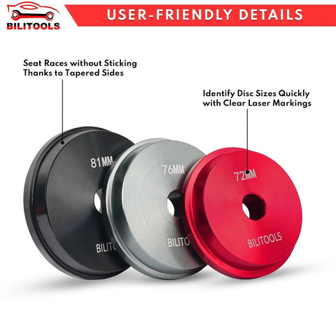 Close-up of three dual sided adapters from the Bearing Press Kit 10 Piece Bearing Race And Seal Driver Set with sizes 81mm, 76mm, 72mm.