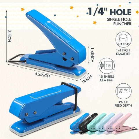 Six Color Single Hole Puncher Pack In One Quarter Inch Metal Handheld, shown in blue with 1/4 inch diameter and 15 sheet capacity