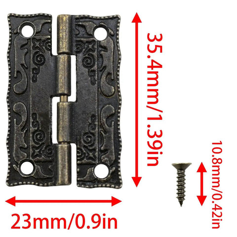 Bronze Antique Miniature Hinge Set For Craft Projects Six Pack Tiny Hinges with screws for retro style boxes, size 1.38 x 0.9 inches.