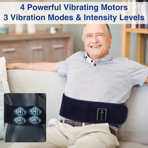 Man using Cordless Back Massager Belt With Red Light Therapy For Pain Relief, 5 Heating Levels, 3 Vibration Modes, 4 Motors, Battery Powered, Blue.