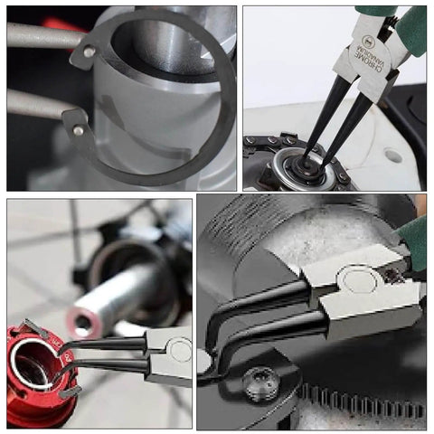 4 Pack 9 Inch Snap Ring Pliers Set Beefy Heavy Duty Internal External Circlip Pliers Kit With Straight And Bent Jaw Spring Loaded Precision For Ring Remover And Retaining Rings Green Handles in use, showing detailed close-up of pliers in action removing and installing retaining rings in machinery.