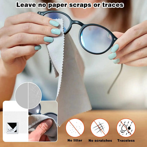 Person cleaning glasses with Streak Free Eyeglass Lens Wipes With 6 Microfiber Cloths, Individually Wrapped, showing no paper scraps or scratches.