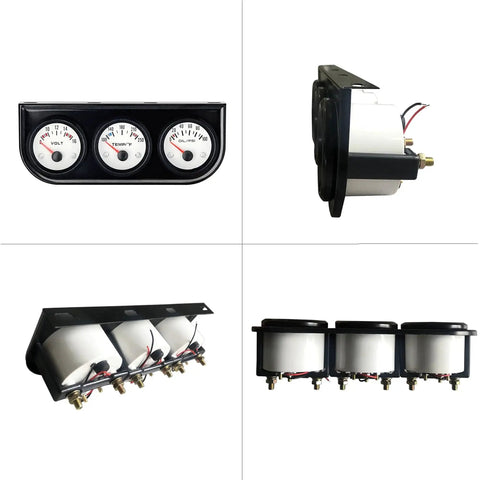 Three In One Auto Gauge Meter Kit 52mm For 12V Cars Trucks Tractors And Marine Engines with full install kit, side and back view