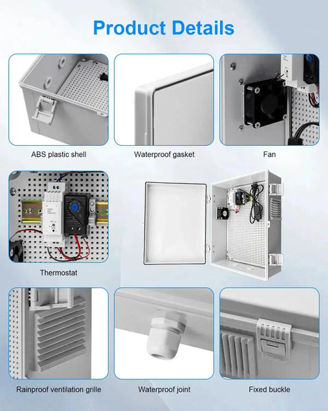 Product details of Outdoor Electrical Box With Built In Thermostat And Fan For Easy Temperature Control, showing ABS enclosure, fan, gasket, grille, joint, and buckle.