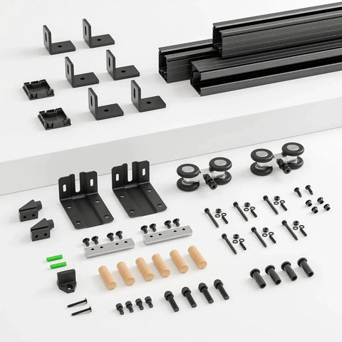 Components of Five-Foot Box Rail Sliding Barn Door Hardware Kit with wall mount track in heavy duty black steel.