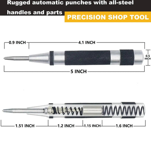 Two Pack Steel Automatic Center Punch With Adjustable Stroke, 5 Inch Length, Spring Loaded, Knurled Steel Handle diagram