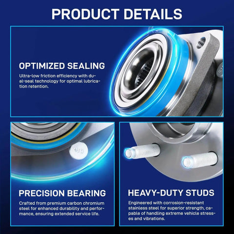 Close-up of front wheel hub bearing assembly with optimized sealing, precision bearing, and heavy-duty studs for GM vehicles.