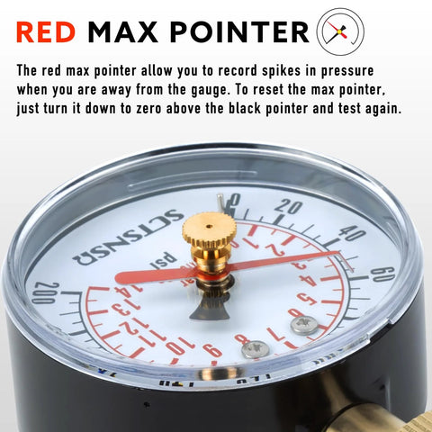 Pressure test gauge, SCTSNSR 0-200 psi with red max pointer, 2.5 inch dial, black steel case