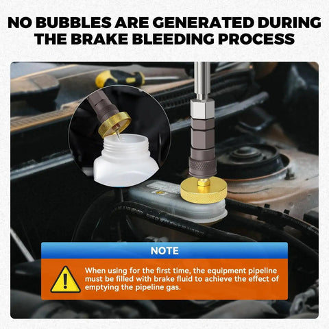 Automatic brake bleeder kit attached to car brake fluid reservoir; black body, gold knob, 1 L bottle