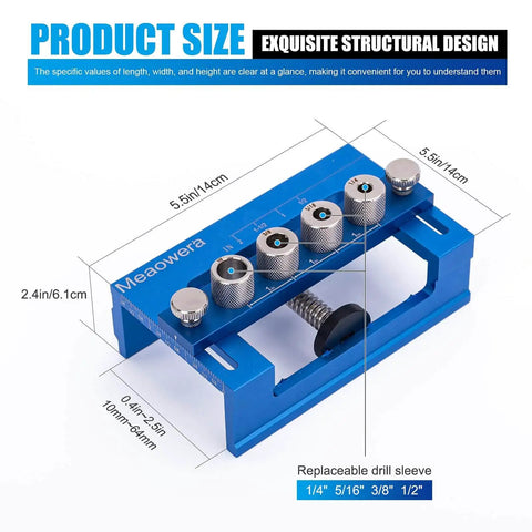 Adjustable Dowel Jig Kit And Biscuit Jointer Set With Four Titanium Step Drill Bits Four Drill Bushings Depth Stops Clamp And Guide For Serious Woodworking Joinery And Repeatable Precise Alignment blue aluminum body with size details.